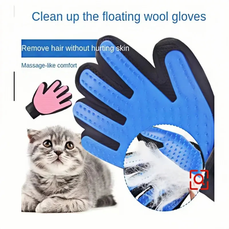 Blue grooming glove for pets with a cat and hair removal illustration on a white background