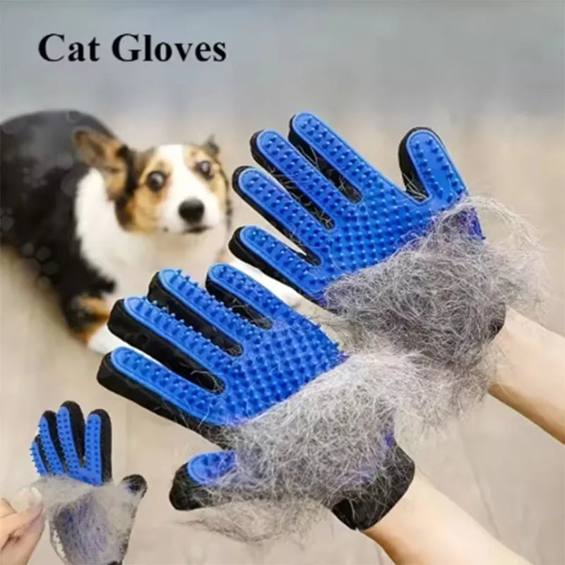 Blue pet grooming glove with pet hair, with a dog in the background
